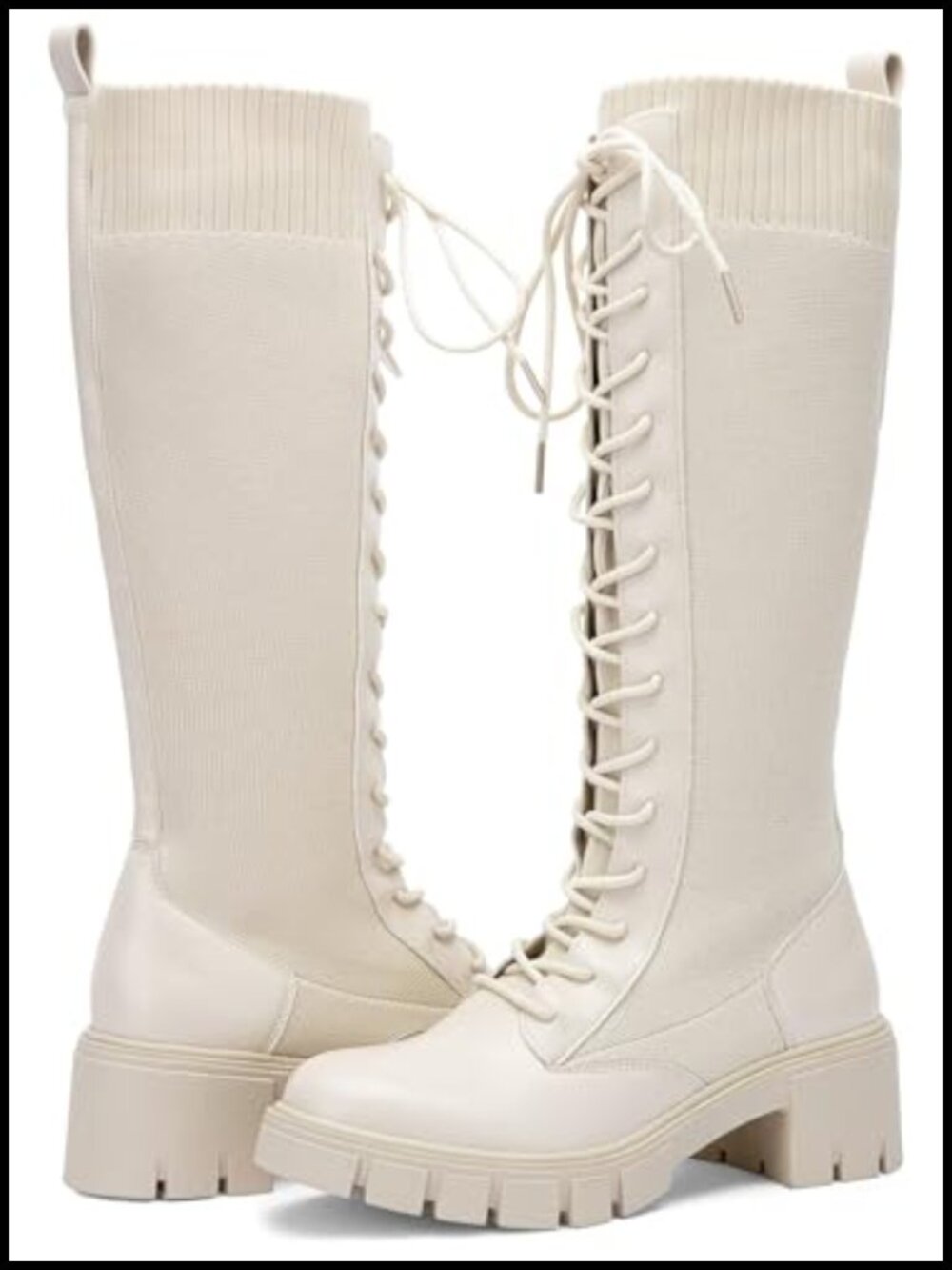 Lace Up Platform Chunky Heel Knee High Combat Boots with Stretch Fabric